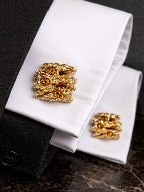 Vintage SWANK Brutalist Gold Tone Cufflinks Amber Rhinestones Mid Century Price